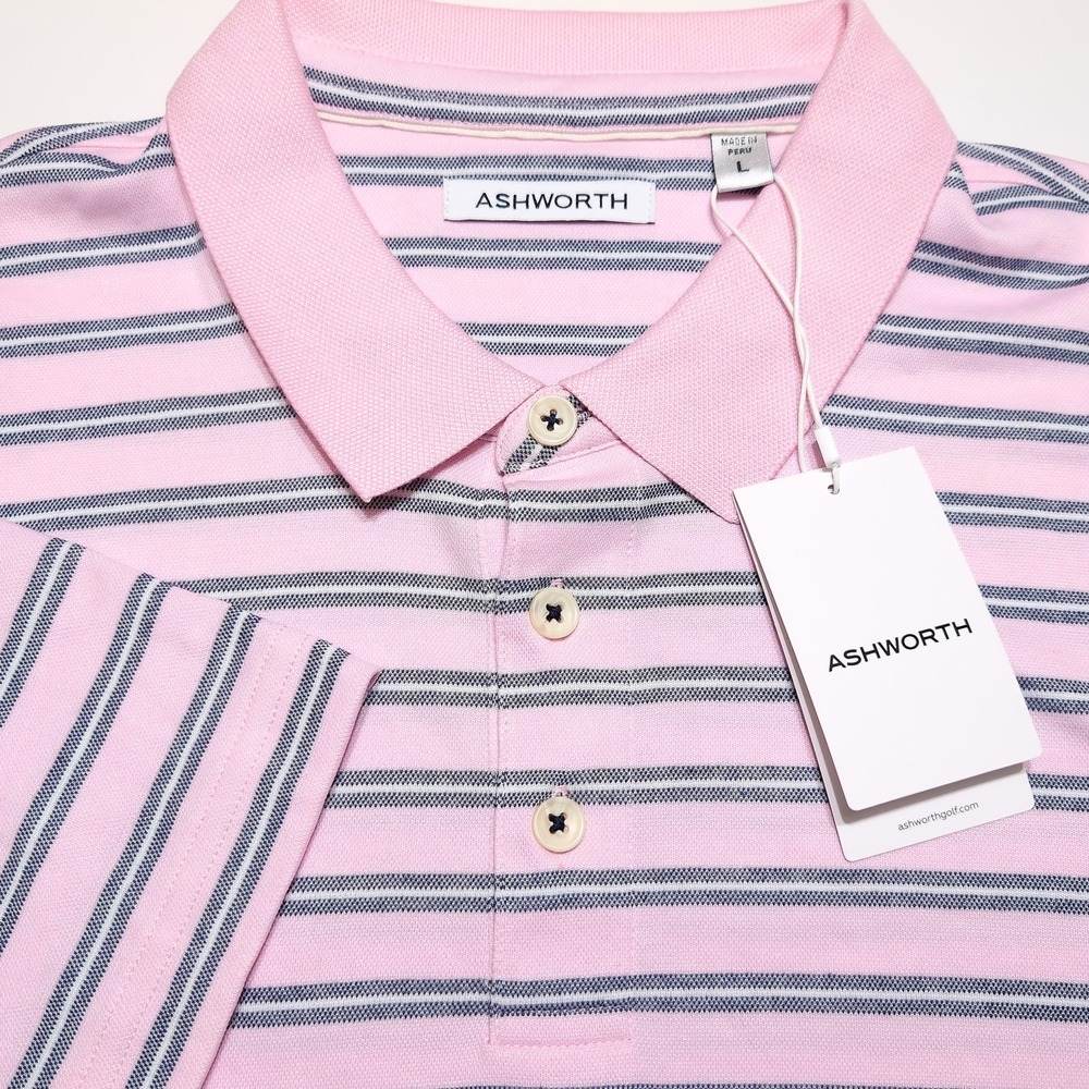 ASHWORTH Polo Shirt Mens L Pink NWT Striped Pima Cotton Blend Golf Top